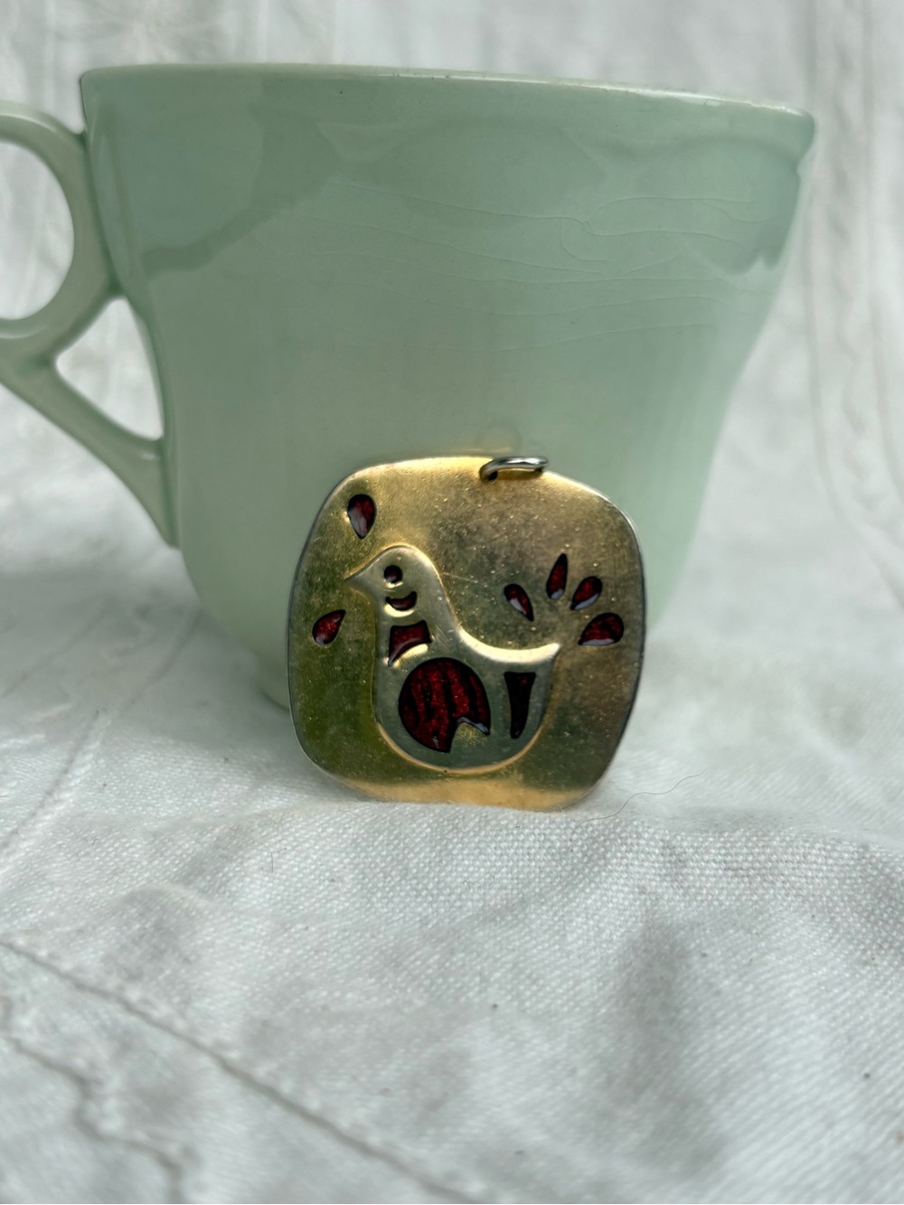 Gold-Tone Bird Pendant with Enamel Inlay - Signed